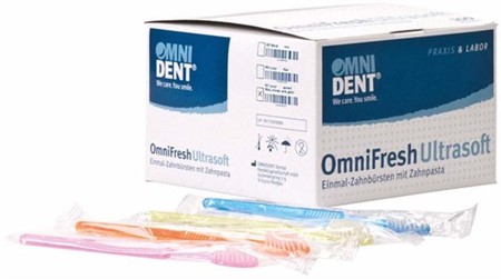 OmniFresh Ultrasoft engångstandborste + tandkräm blandade färger 100st
